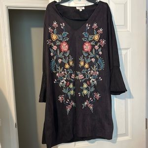 Black suede dress with embroidered flowers. Never worn